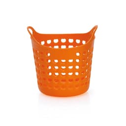 An orange multipurpose basket with perforated sides and two handles for easy carrying.