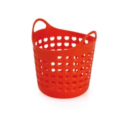 A bright red, perforated multipurpose basket with two handles, suitable for various storage needs.