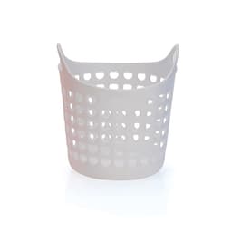 A multipurpose basket in light grey featuring a perforated design and sturdy handles, ideal for organising items.