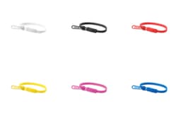 A collection of elastic wristbands in white, black, red, yellow, pink, and blue, each with a clip attachment.