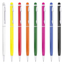 A selection of eight pens in various colours: white, yellow, orange, green, pink, blue, black, and red. Each has a clip and stylus tip.