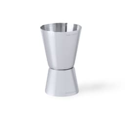 A stainless steel jigger with a tapered design, featuring measurements for 30ml and 1 ounce.