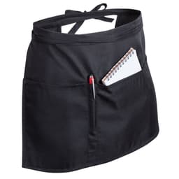 A black apron featuring two pockets, one with a notepad and a pen, designed for practical use.