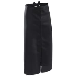 A black apron with a tie at the waist and a front slit. The apron has a simple, sleek design.
