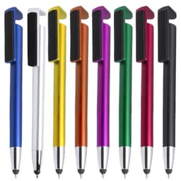 A set of eight stylus pens in blue, white, gold, purple, green, red, and black, featuring clips and silver accents.