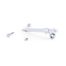 A pen in white with chrome detailing, surrounded by metal nuts and bolts. Features a logo on the pen's body.