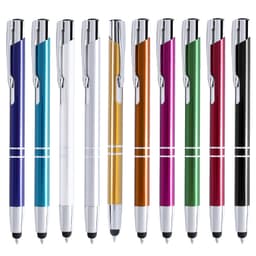 A collection of ten pens in various colours, including blue, white, orange, green, purple, red, and black, with shiny silver accents.