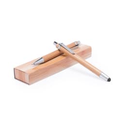 A bamboo pen set featuring a silver-accented pen and stylus, presented in a matching bamboo case.