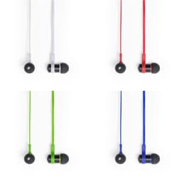 A set of earphones in four colours: white, red, green, and blue, with black ear tips and a sleek design.
