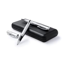 A sleek black pen case with a silver pen and cap resting on top. The pen has a textured design and a shiny finish.