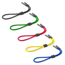 A collection of stretchy laces in black, green, red, yellow, and blue with plastic ends. Each lace has a central adjustment feature.