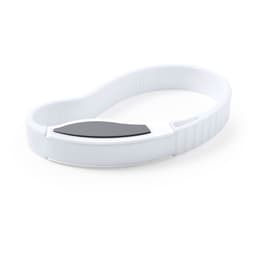 A white wristband with a black accent, featuring a smooth surface and a flexible design. The product has branding elements.