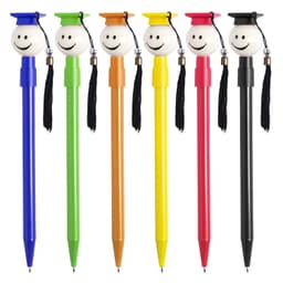 A collection of six pens in blue, green, orange, yellow, red, and black, each featuring a smiling graduate cap topper.