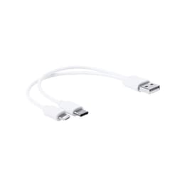 A charging cable in white, featuring a USB connector and both micro USB and USB-C connectors.