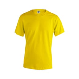 A plain yellow T-shirt with a round neck and short sleeves, featuring a brand logo at the neckline.