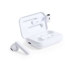 Wireless earbuds in a white charging case, with one earbud placed beside the case.