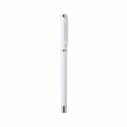 A white pen with silver accents and a clip, featuring a sleek and minimalist design.