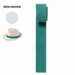 A teal non-woven band displayed alongside a straw hat with a matching teal band. It features a logo.