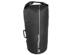 A black waterproof backpack dry tube with a roll-top closure and a handle, featuring a logo.