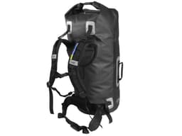A black waterproof backpack with adjustable straps and a roll-top closure, featuring a side pocket and a logo.