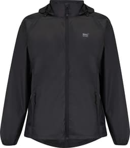 A packable jacket in black, featuring a zip front, hood, and side pockets, with a small logo on the chest.