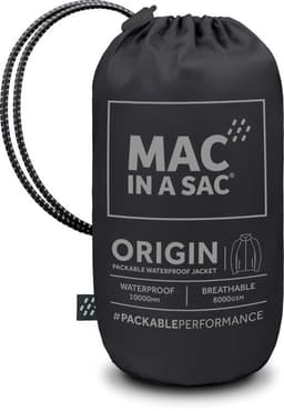 A packable waterproof jacket in black with a drawstring, featuring a logo and product details on the pouch.