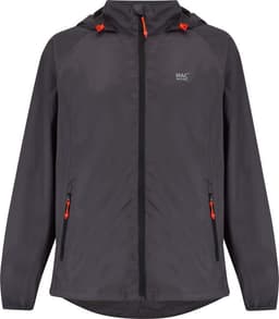A packable jacket in dark grey with an orange accent, featuring a hood and zippered pockets. It has a logo.