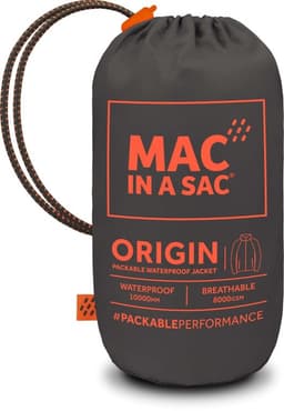 A packable waterproof jacket in black, stored in a compact pouch with an orange logo.