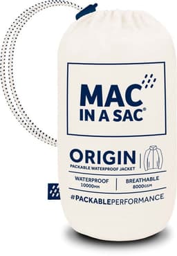 A packable jacket in a white pouch with a drawstring, featuring branding and waterproof specifications.