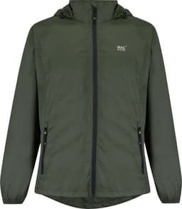 A packable jacket in khaki green featuring a hood, zippered front, and side pockets. It has a logo on the chest.