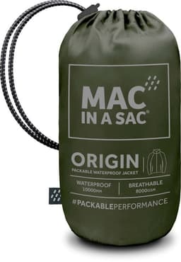 A packable jacket in an olive-green pouch with a drawstring, featuring logos and waterproof information.