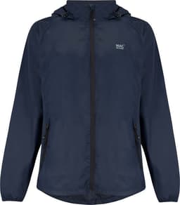 A packable jacket in navy blue, featuring a hood and zippered front pockets, with a logo on the chest.