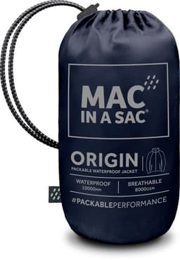 A navy packable jacket in a compact pouch with a drawstring. The pouch features a logo and product details.