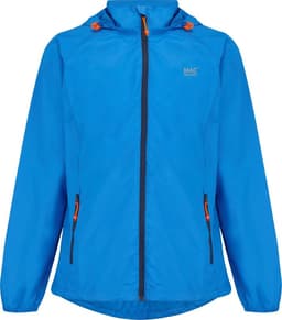 A blue packable jacket with a hood, featuring orange accents and a logo. It has a zip front and long sleeves.