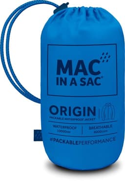 A packable jacket in a blue pouch with a drawstring, featuring a logo and waterproof specifications.