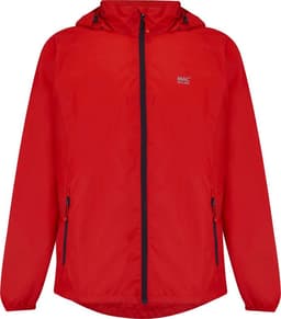 A red packable jacket with a hood, featuring zippered pockets and a branding logo on the front.