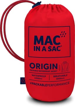 A packable waterproof jacket in bright red, compactly stored in a pouch with a drawstring, featuring branding.