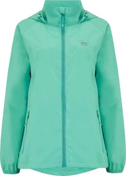 A teal packable jacket with a zip front and pockets, featuring a logo on the chest and a hood.