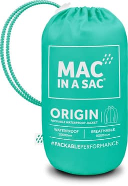 A packable jacket in a bright teal colour, stored in a compact pouch with a drawstring closure and branding.