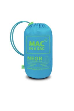 A packable jacket in bright neon blue with a matching drawstring, featuring a logo on the pouch.