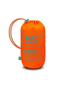 An orange packable jacket stored in a compact pouch, featuring a logo. The pouch has a drawstring closure.