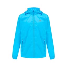 A bright blue packable jacket with a hood, featuring a zip front and side pockets. It has a logo on the chest.