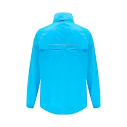 A bright blue packable jacket with a back zipper pocket and a logo. Features long sleeves and a collar.
