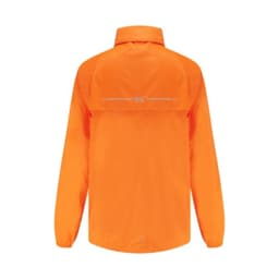 A packable jacket in bright orange fabric with a reflective detail on the back and long sleeves.
