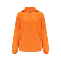 An orange packable jacket with a hood and zippered pockets, featuring branding on the front.