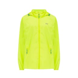 A neon yellow packable jacket with a hood, featuring a zipper front and two side pockets. It has a logo.
