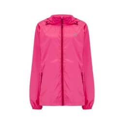 A pink packable jacket with a hood, featuring a zip front and side pockets, and a small logo.