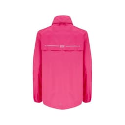 A pink packable jacket with a rear flap and a logo on the upper back. Features long sleeves and a collar.