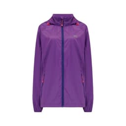 A purple packable jacket with a zip front, featuring a hood and contrasting pink accents. It has a logo.