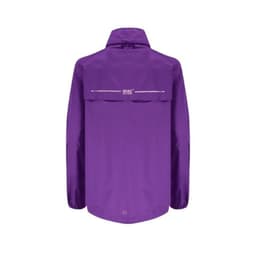 A purple packable jacket featuring a back pocket and a logo on the upper back.
